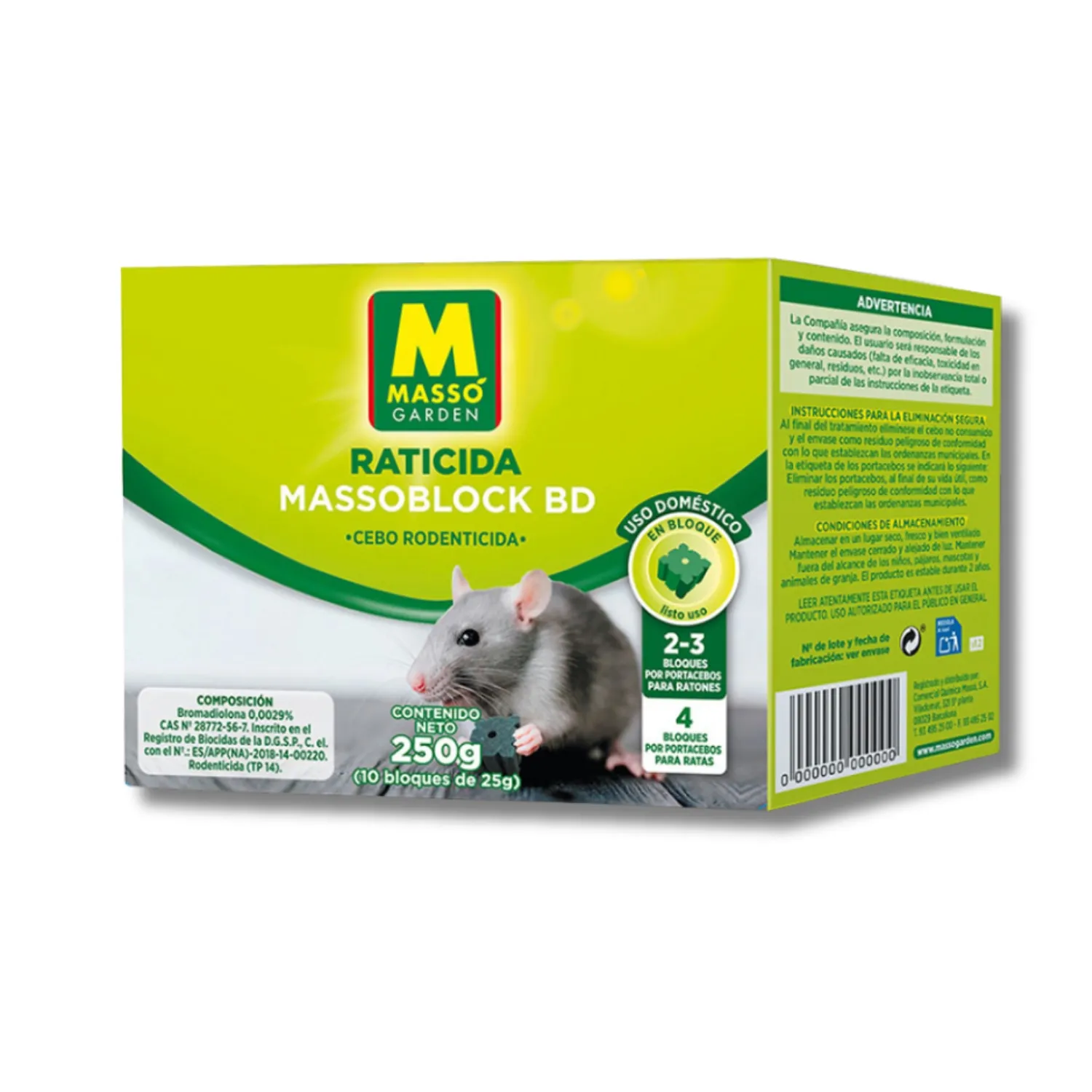 Raticida en Bloque Massoblock 250g – Control Eficaz de Ratas, Ratones y Topillos
